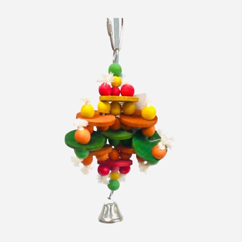 Keep your feathered friend entertained and mentally stimulated with this colorful wooden bird toy, featuring beads, discs, and a bell for hours of fun and chewing satisfaction.